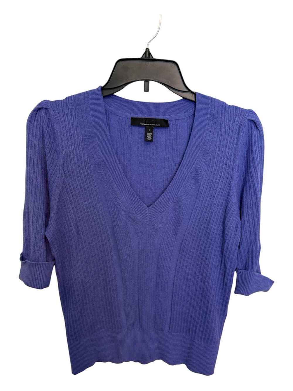 White House Black Market Purple V-Neck Ribbed Short-Sleeve Sweater